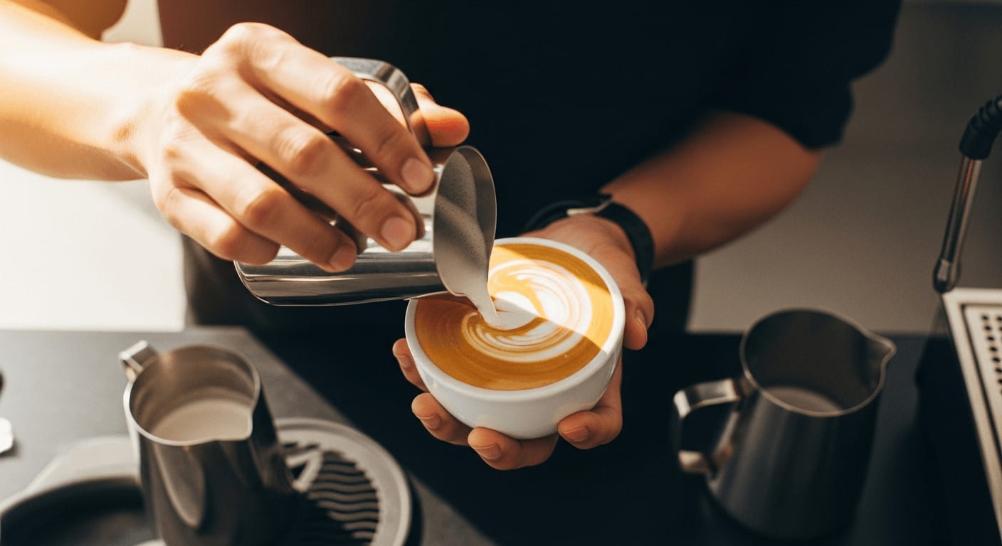 Overhead shot of hands creating latte art heart in cappuccino, professional barista tools nearby, soft natural light streaming in