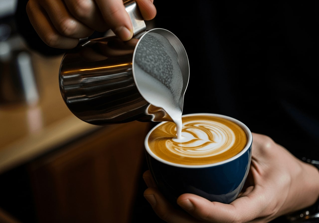 Close-up of a barista holding a stainless steel milk pitcher, pouring technique creating a rosetta latte art pattern, shallow depth of field