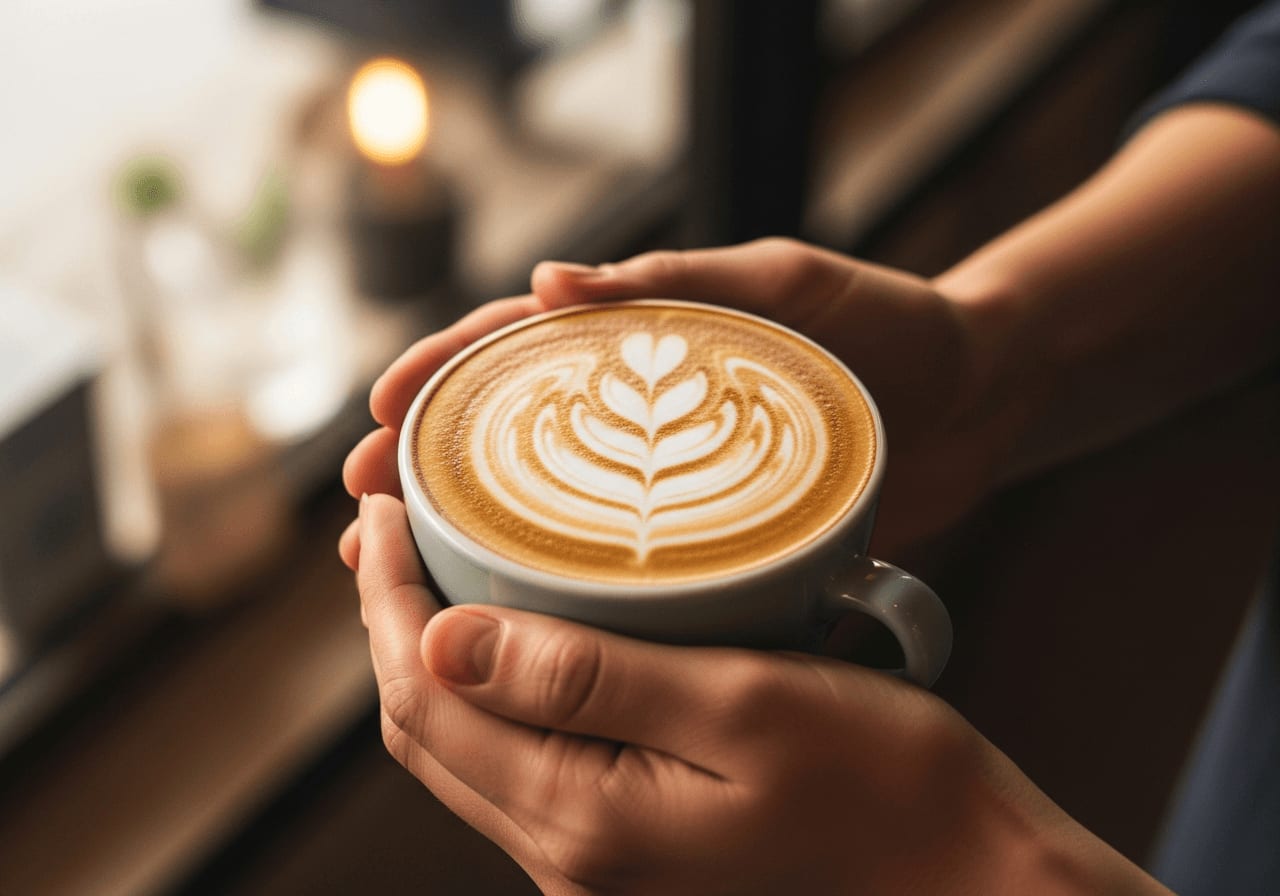 Hands holding a cappuccino with a perfect rosetta latte art, warm cafe lighting, soft background bokeh