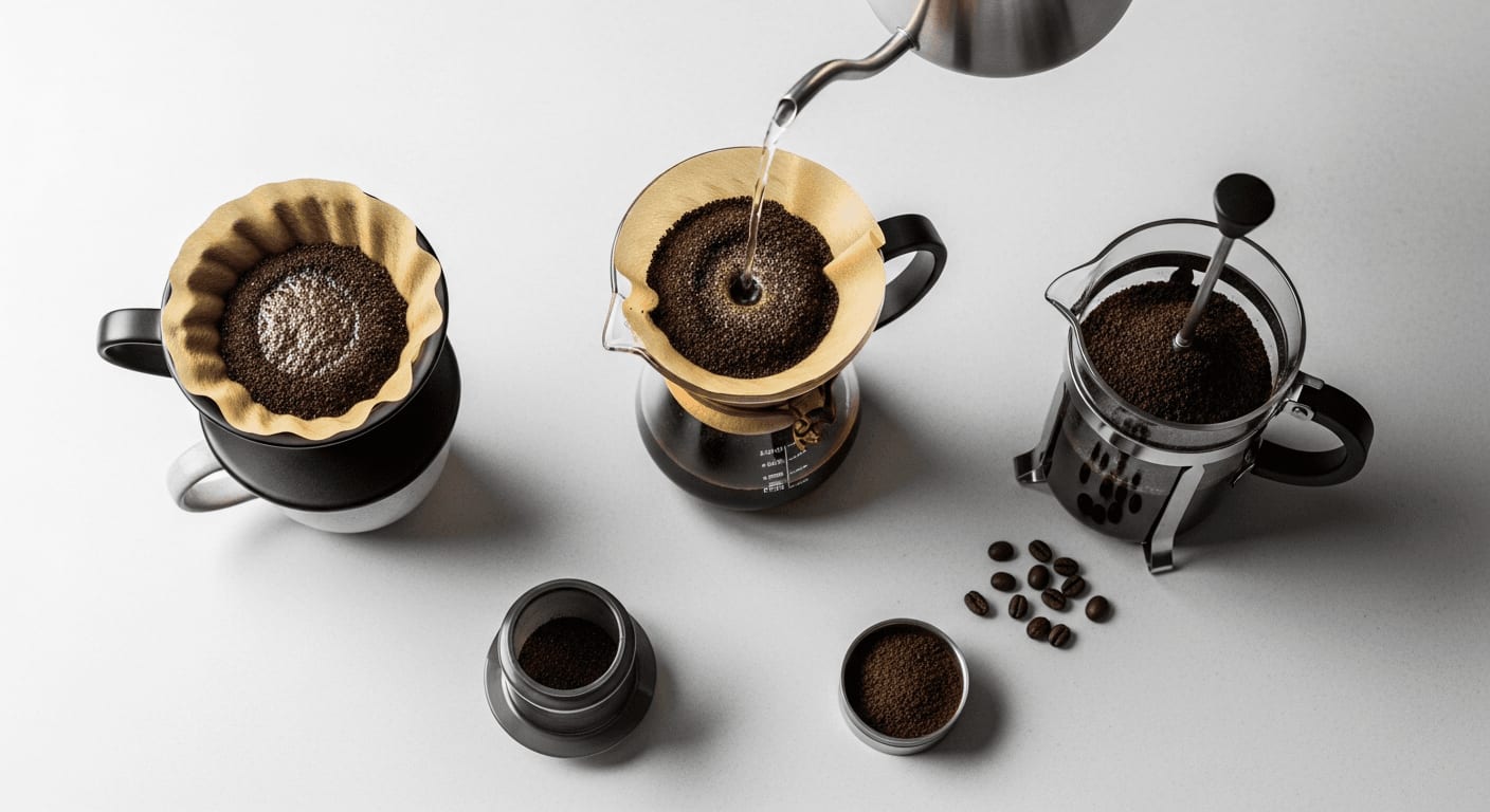 Top-down shot of various coffee brewing methods with different coffee grounds, natural light, minimalist composition
