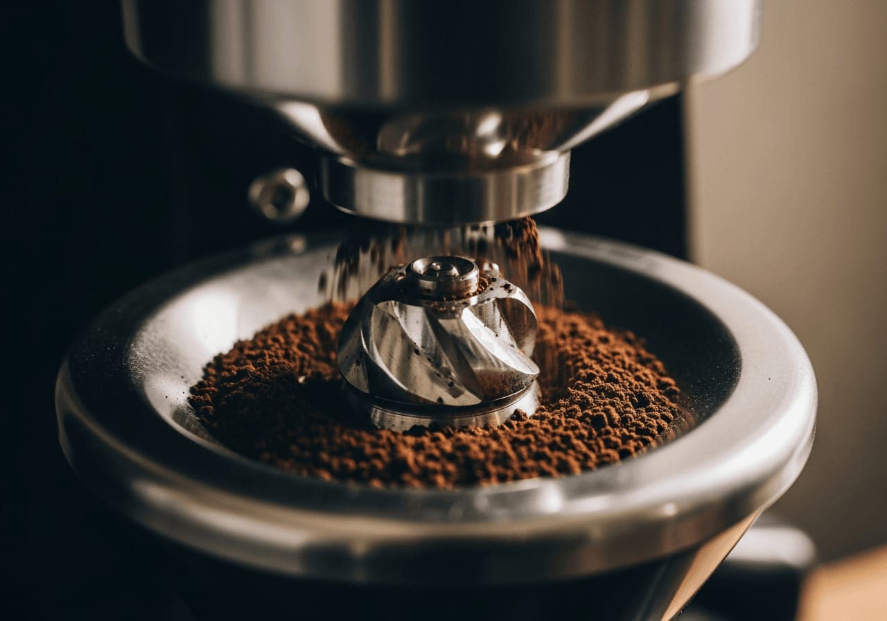 Close-up of a burr grinder mechanism, showing the burrs and coffee grounds being ground, technical view