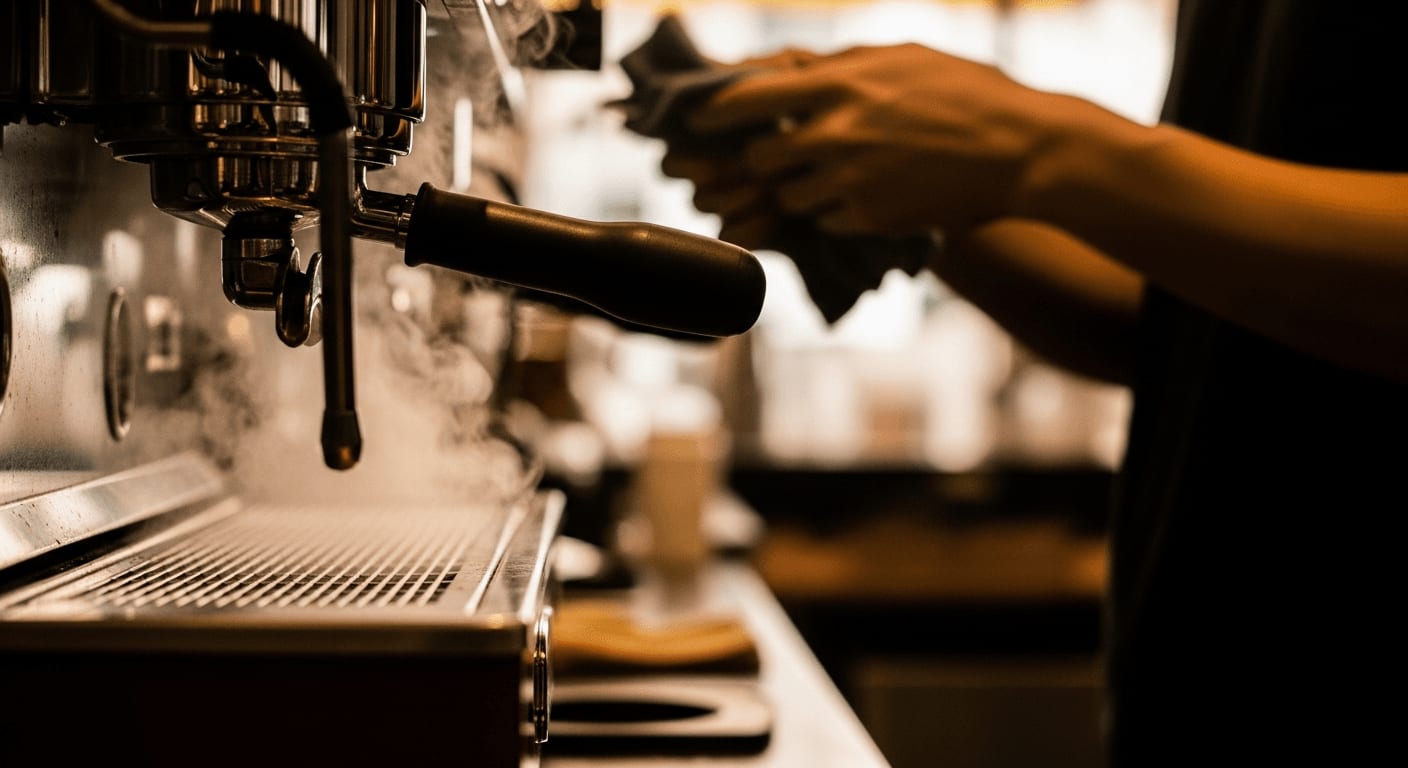 Steam rising from a group head of an espresso machine, barista's hands visible in the background, soft focus, warm colors, coffee shop environment