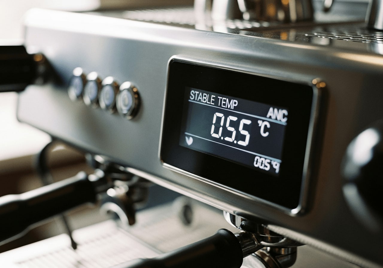 Digital display of an espresso machine showing a stable temperature reading, close-up shot, soft focus, professional setting