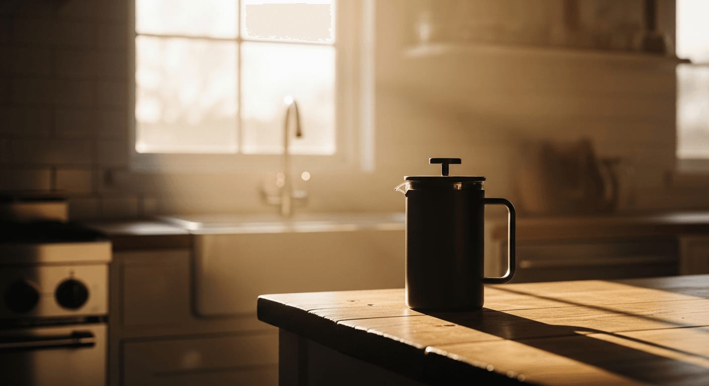 A minimalist kitchen scene with a French press on a wooden countertop, sunlight streaming through a window.