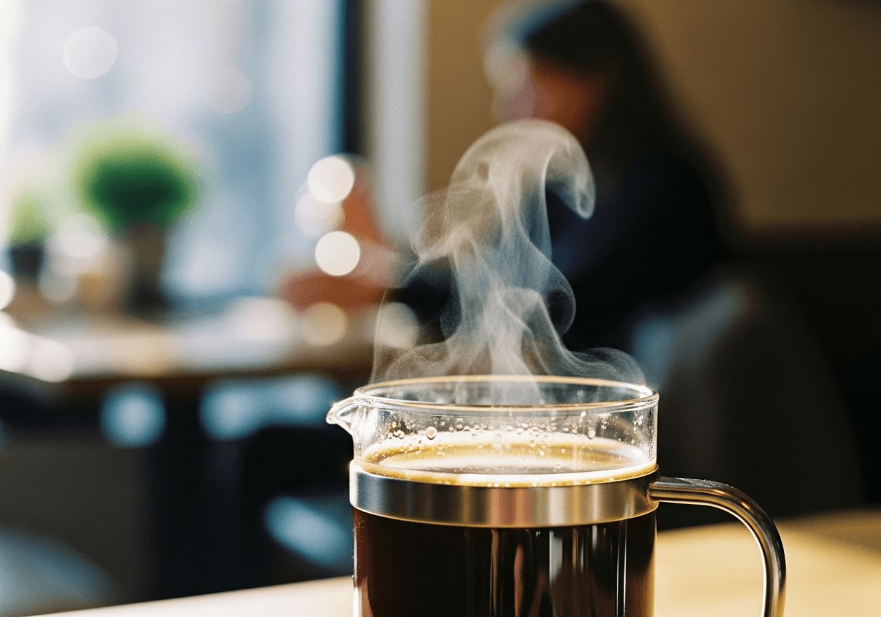 Close-up of a cup of freshly brewed French press coffee, steam rising, warm lighting, depth of field.