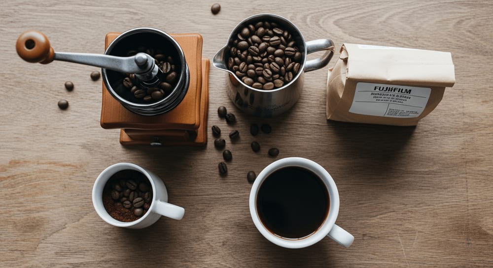 Coffee preparation tools on a wooden table.