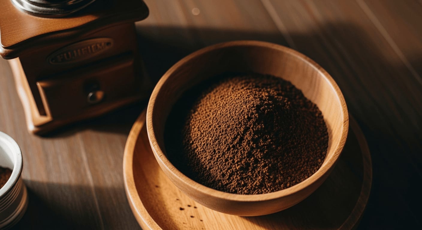 Top-down, detailed shot of freshly ground coffee beans in a wooden bowl, with a coffee grinder in the background.