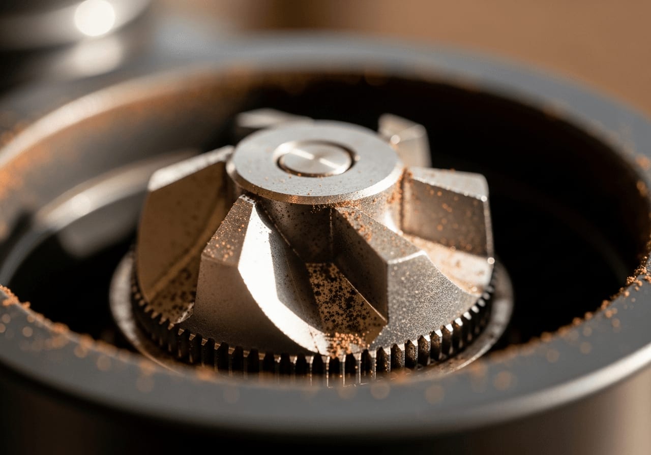 A close-up of the burr mechanism inside a coffee grinder, highlighting the precision of the grinding process.