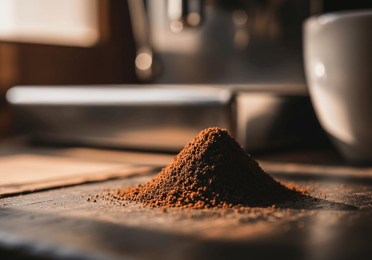 Ground coffee, fine, for espresso.