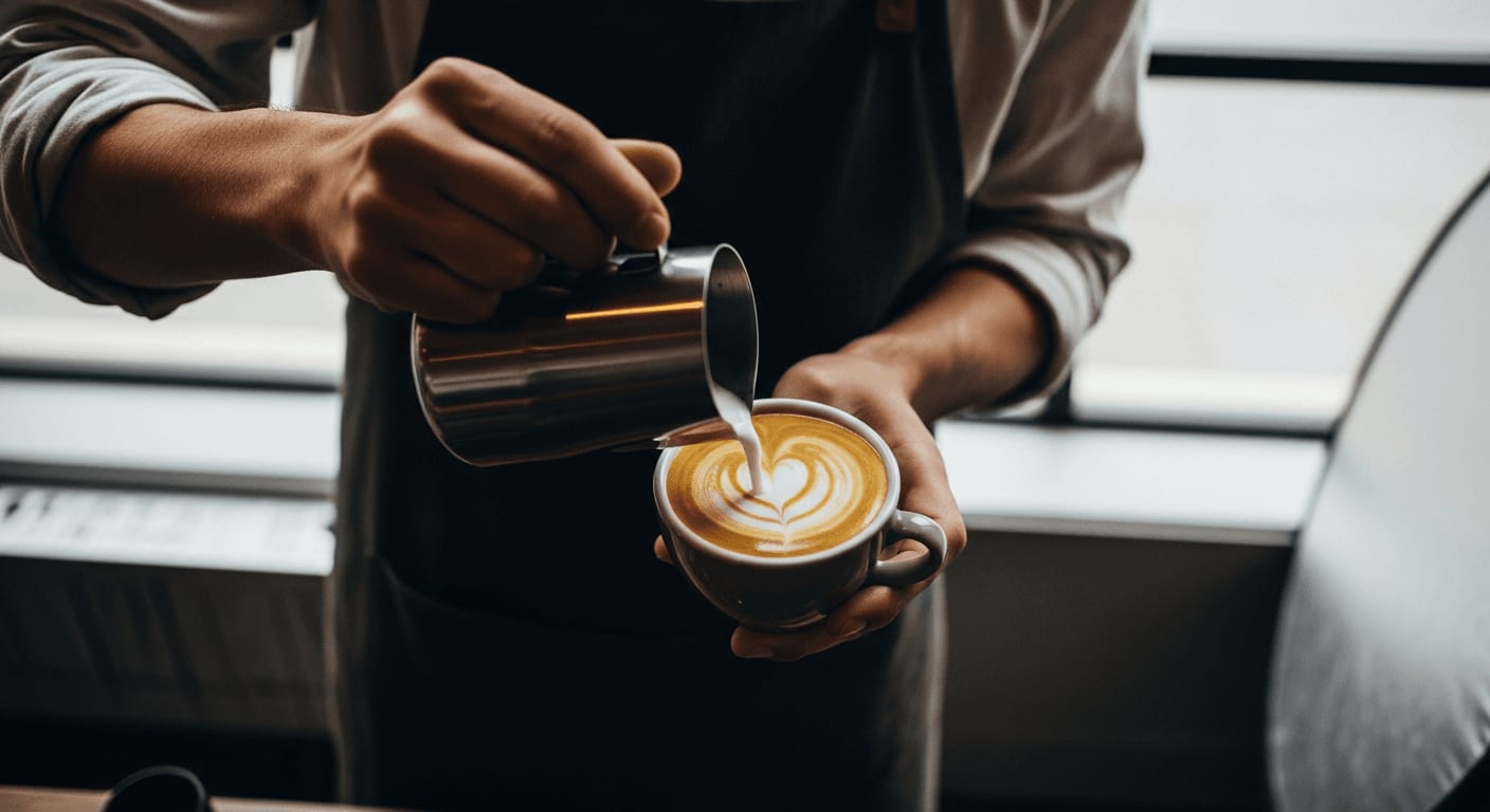 Overhead shot of a barista pouring latte art into a cappuccino, heart shape visible, coffee shop environment