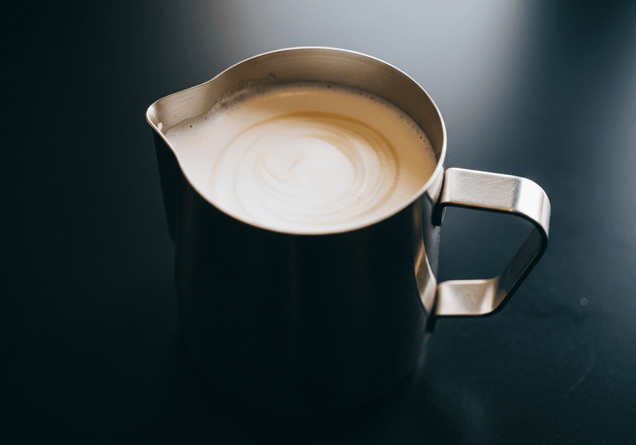 Stainless steel milk pitcher with perfectly swirled milk foam, ready for latte art, dark background