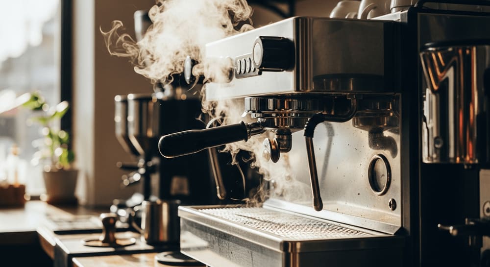 Steam rising from a clean espresso machine