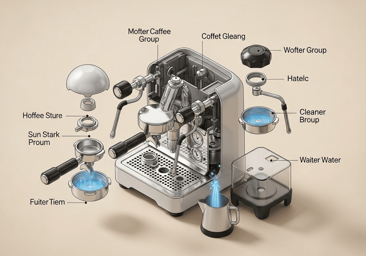 Exploded view of an espresso machine, highlighting the different parts that need to be cleaned, isometric view, technical illustration
