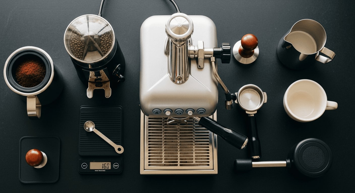 Overhead shot showcasing various barista tools arranged artistically on a dark, textured surface, emphasizing their functionality and aesthetic appeal