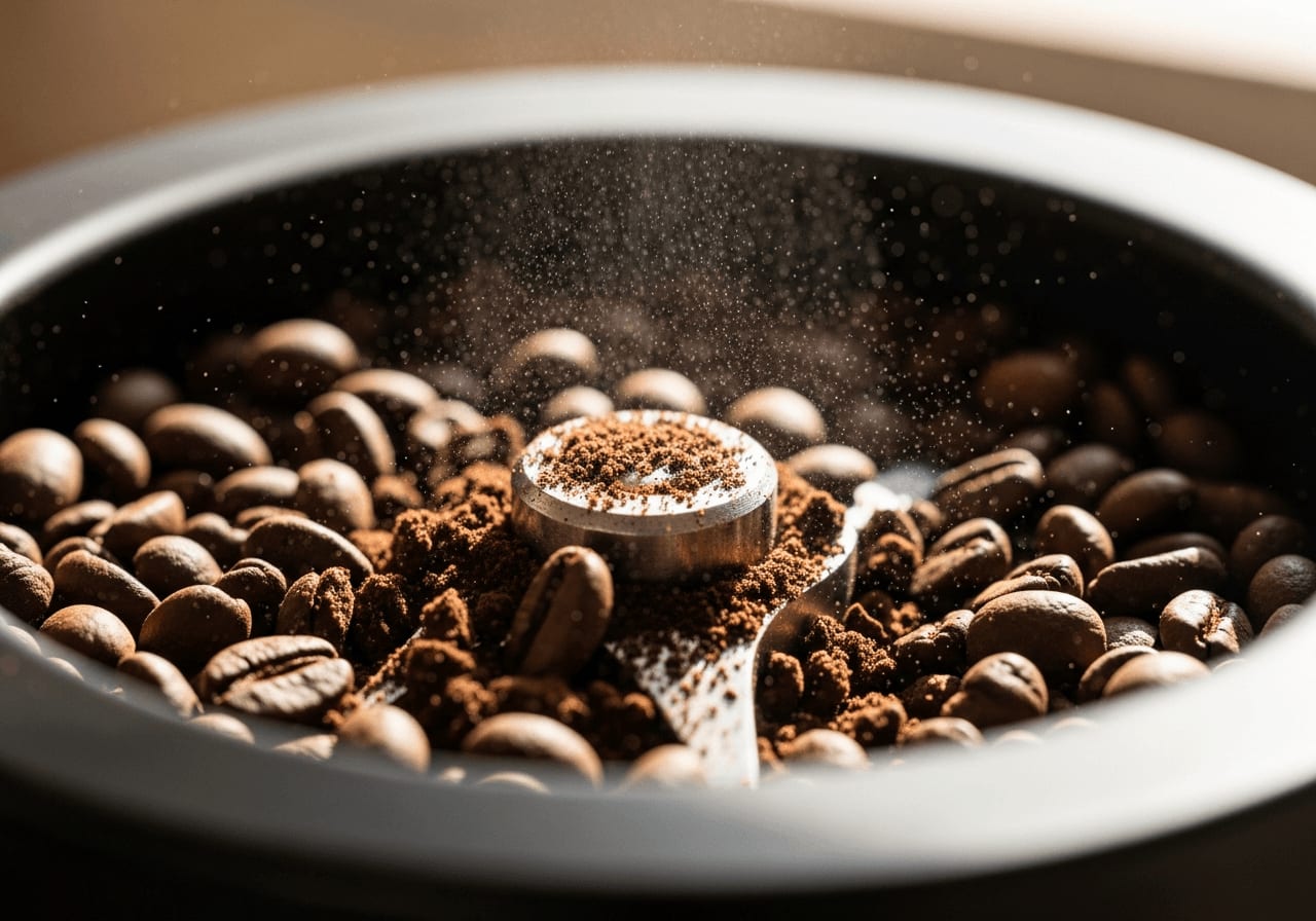 Close-up of coffee beans being ground in a high-end burr grinder, highlighting the texture and aroma
