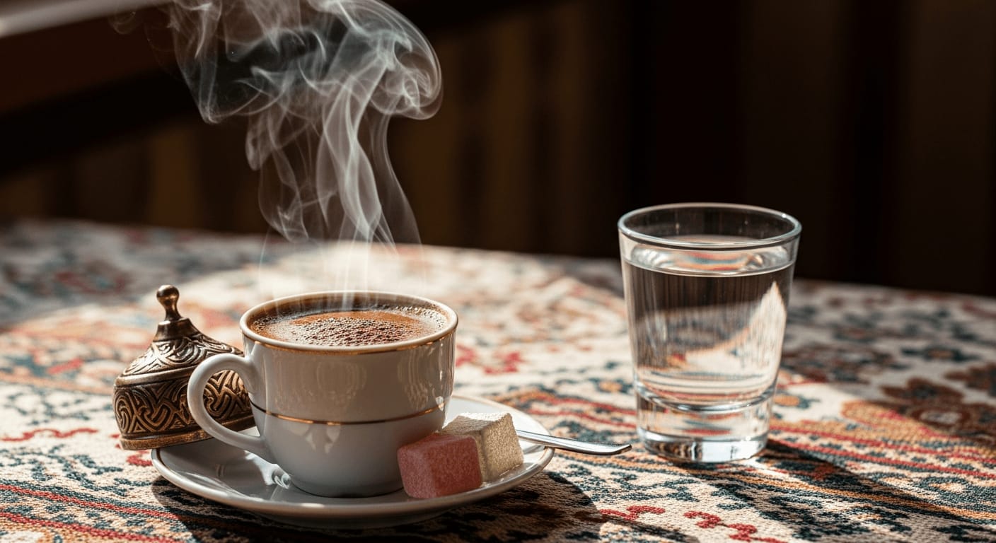 A steaming cup of Turkish coffee with visible grounds, served with Turkish delight and a small glass of water, on a traditional patterned tablecloth, ambient cafe lighting