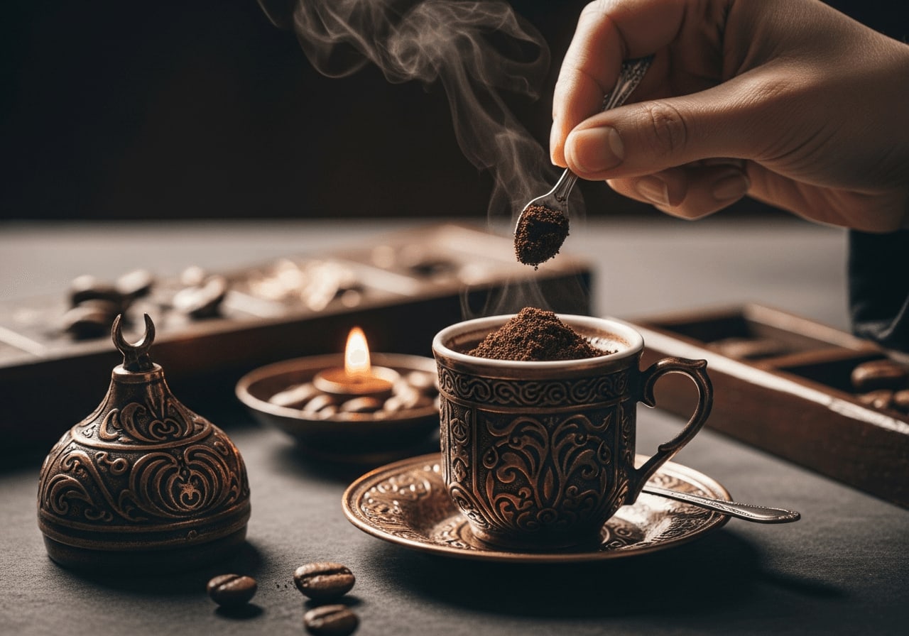 A fortune teller reading the coffee grounds in a Turkish coffee cup, soft, mystical lighting