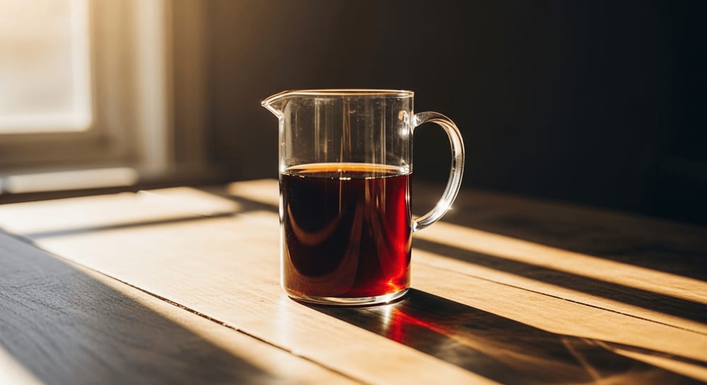 Glass pitcher filled with dark Cold Brew coffee sits on a rustic wooden table, sunlight streams through a window, creating long shadows