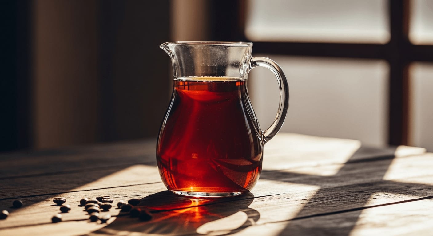 A glass pitcher filled with dark Cold Brew coffee sits on a rustic wooden table, sunlight streams through a window, creating long shadows