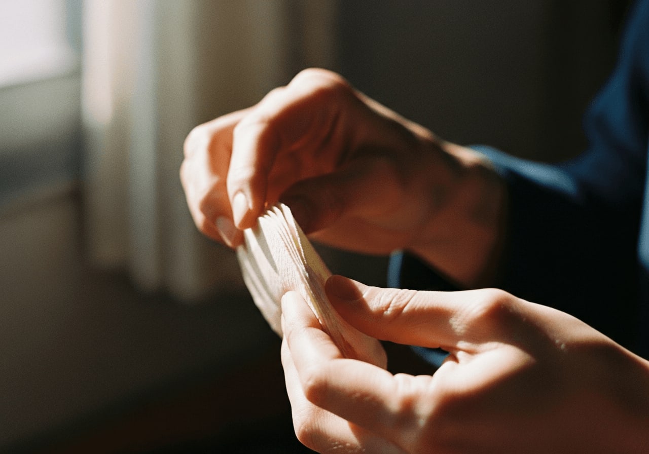 Nahaufnahme von Händen, die sorgfältig einen Chemex-Filter falten, wobei die Textur des Papiers und die Präzision der Handlung hervorgehoben werden, weiche, diffuse Beleuchtung