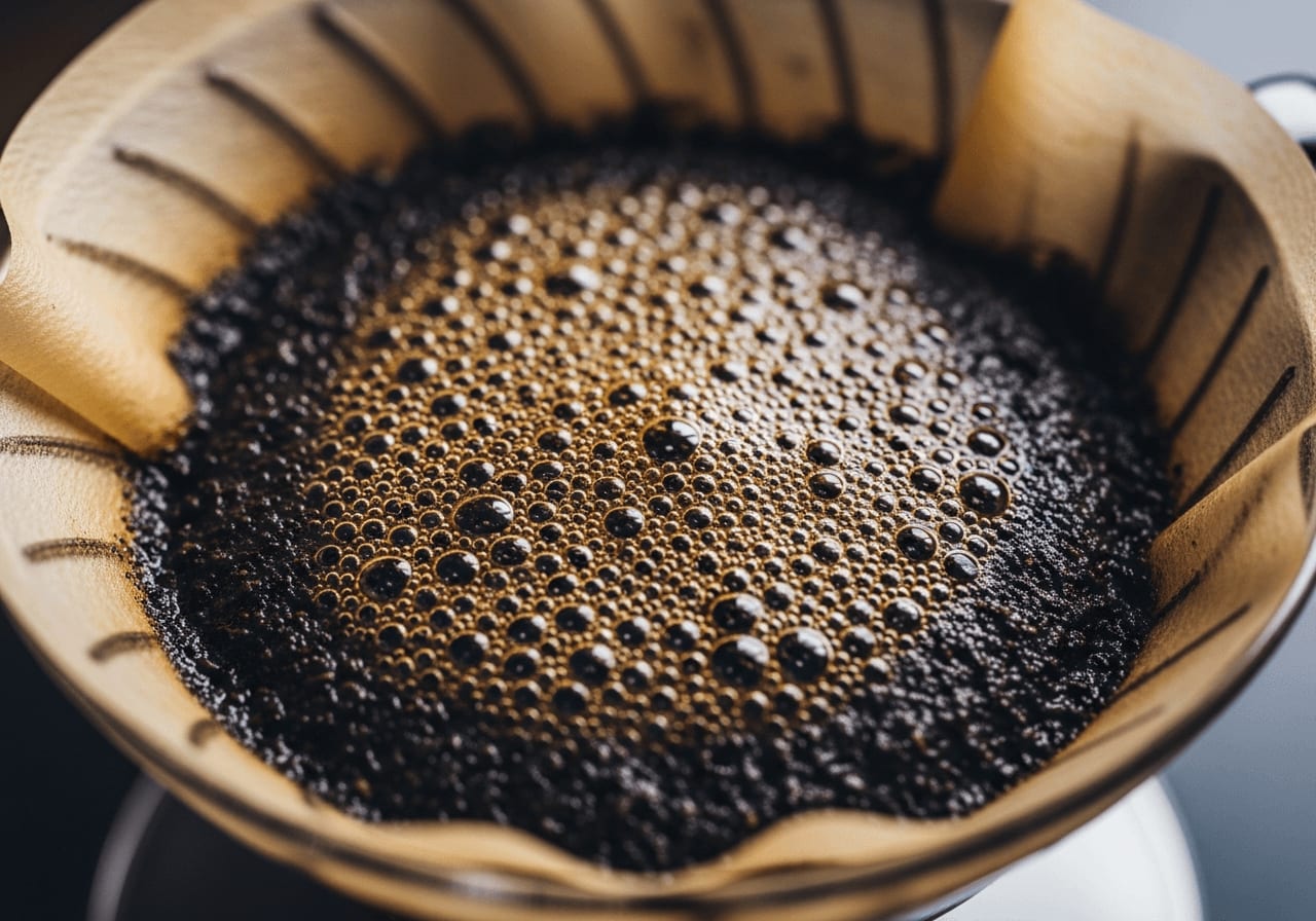 Nahaufnahme der Kaffeeblüte in einem Hario V60, die den Entgasungsprozess mit aufsteigenden Blasen zeigt, dunkle Röstbohnen sichtbar, geringe Schärfentiefe