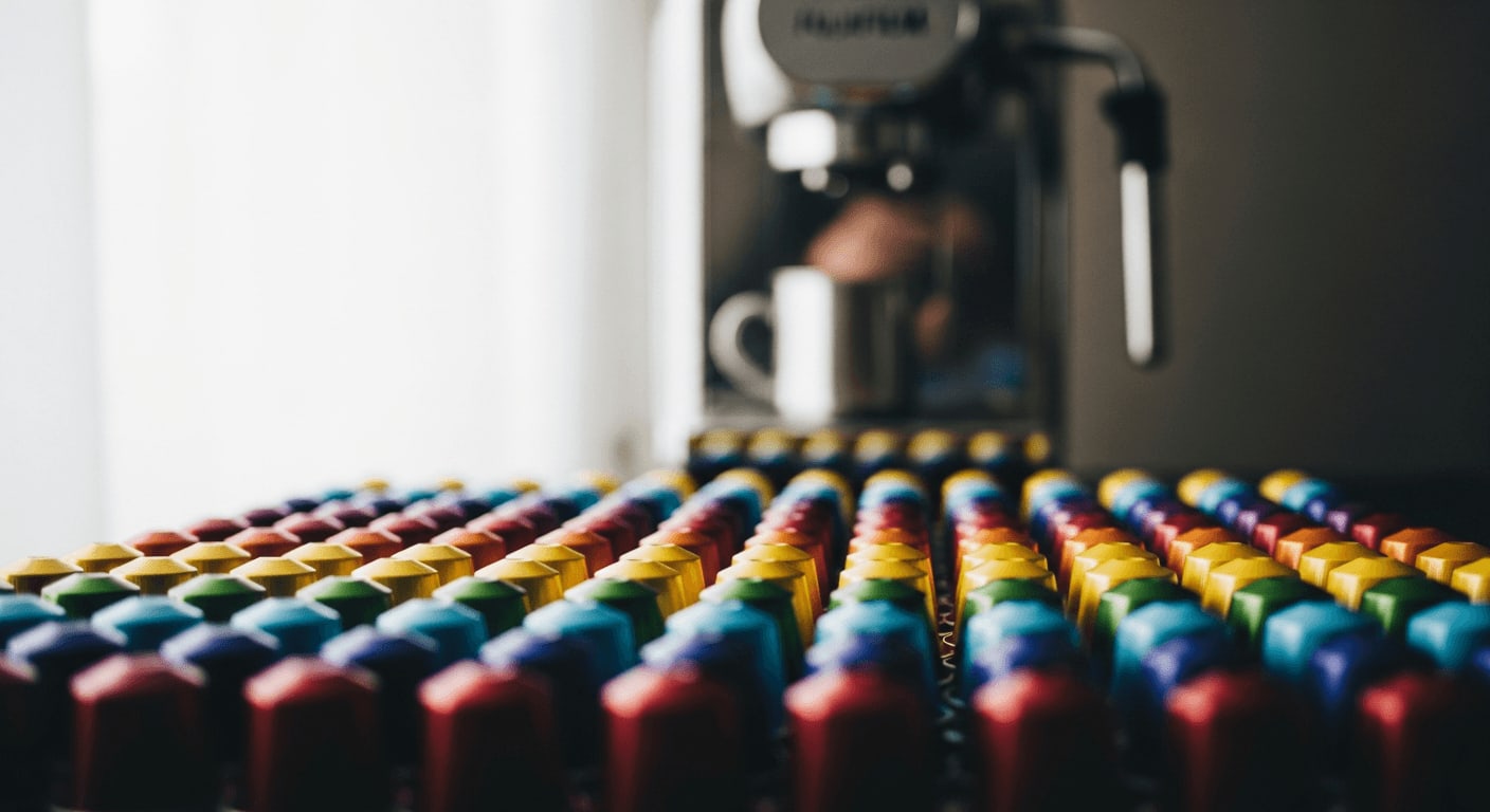 Eine Vielzahl von farbenfrohen Kaffeekapseln, ordentlich angeordnet, mit einer modernen Kapselmaschine im verschwommenen Hintergrund, weiches diffuses Licht, Studioaufnahme.
