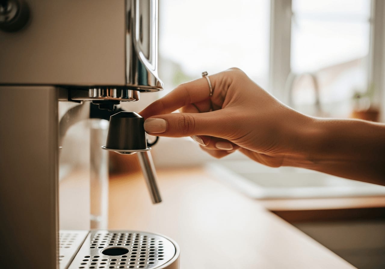 Nahaufnahme einer Hand, die eine Kaffeekapsel in eine Nespresso-Maschine einführt, helle Küchenumgebung, geringe Schärfentiefe.