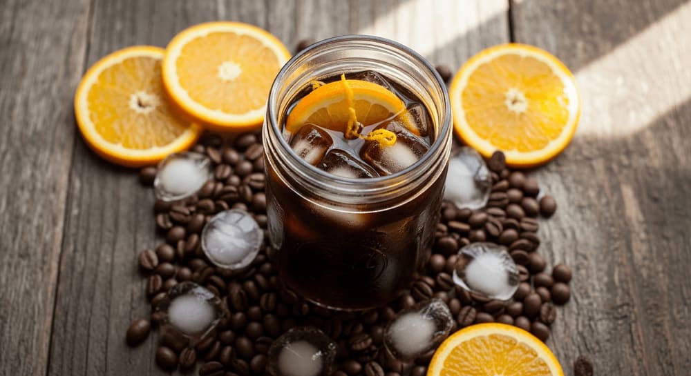 Draufsicht auf ein Einmachglas gefüllt mit Cold Brew Kaffee, umgeben von Kaffeebohnen, Eiswürfeln und Orangenscheiben, rustikaler Holzuntergrund