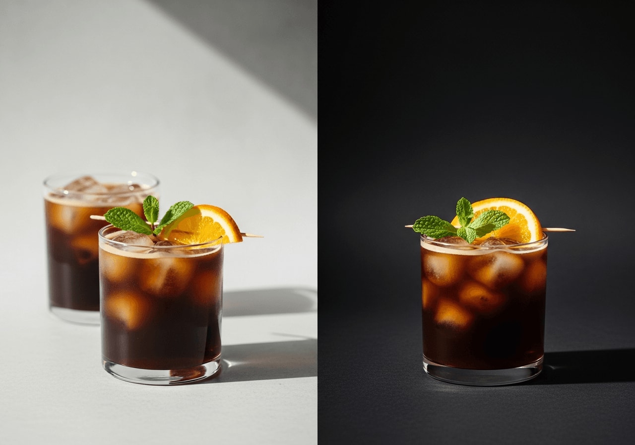 Zwei Gläser Cold Brew Kaffee mit verschiedenen Garnierungen (Orangenscheibe und Minze), nebeneinander, Studiobeleuchtung