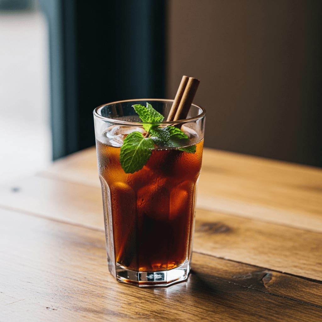 Glas Cold Brew Kaffee mit Minzblättern und einer Zimtstange, auf einem Holztisch, weiches Licht