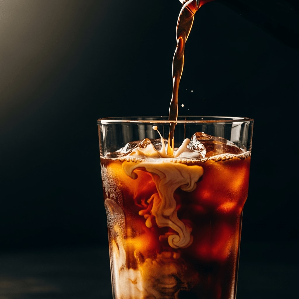 Cold Brew Kaffee wird in ein Glas mit Eiswürfeln und einem Schuss Milch gegossen, dunkler Hintergrund