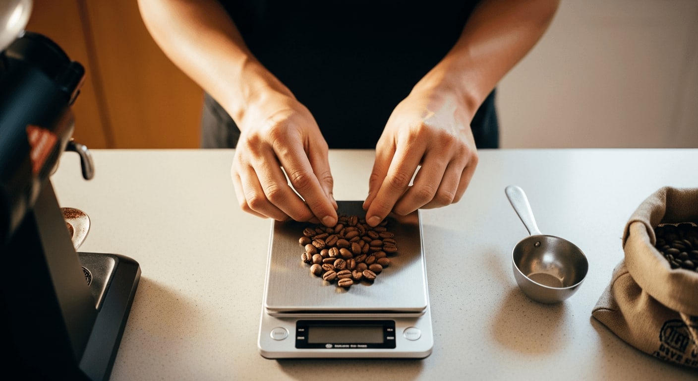 Draufsicht eines Baristas, der Kaffeebohnen vor dem Mahlen sorgfältig abwiegt, leichter Fokus