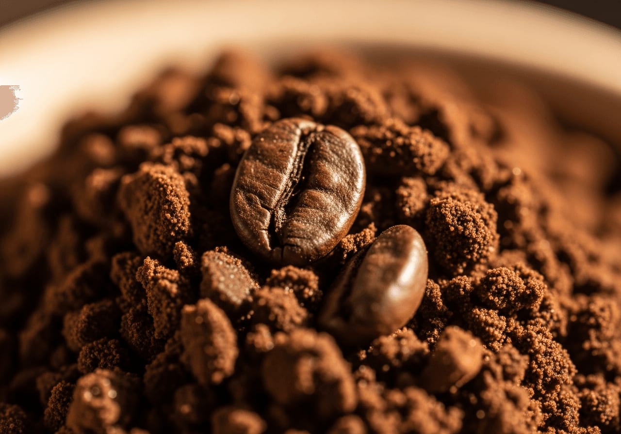 Nahaufnahme von frisch gemahlenen Kaffeebohnen mit sichtbarer Textur und Partikelgröße