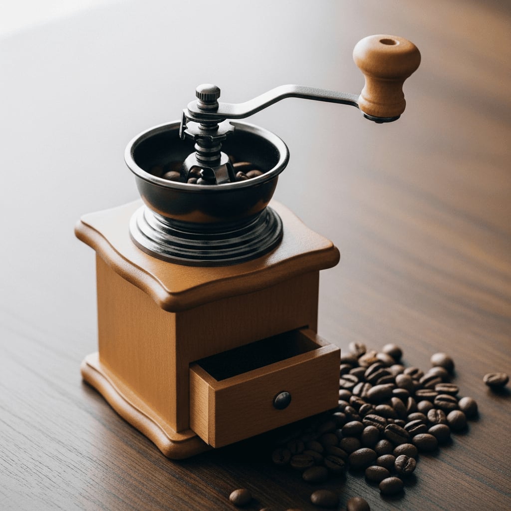 Handmühle mit Holzkörper und Mahlwerk, Kaffeebohnen verstreut auf dunkler Holzoberfläche