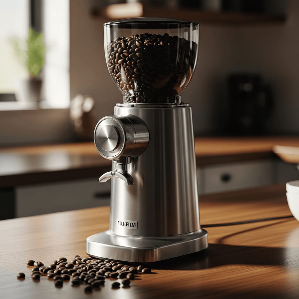 Elektrische Kaffeemühle mit Bohnenbehälter, Edelstahl, auf einer Küchentheke