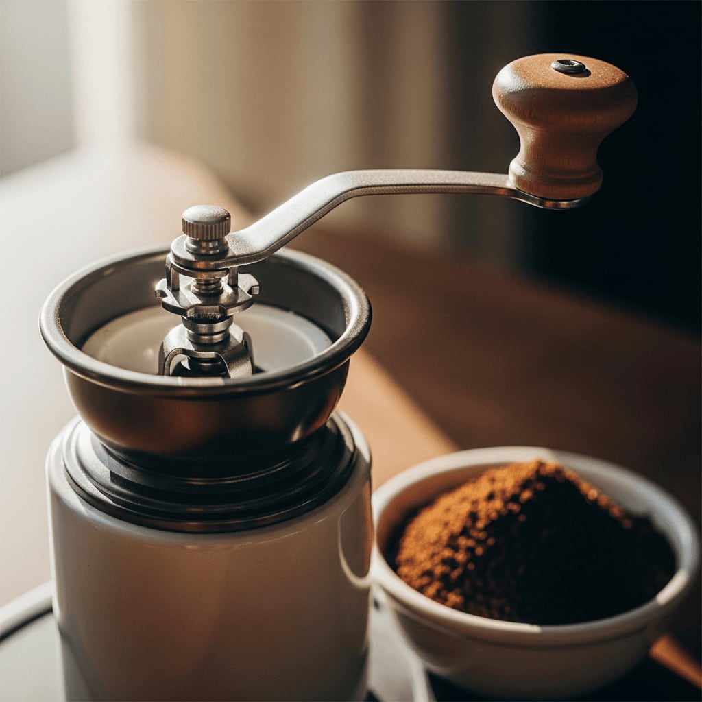 Keramik-Kaffeemühle mit Handkurbel, Kaffeemehl in einem kleinen Behälter, natürliches Licht