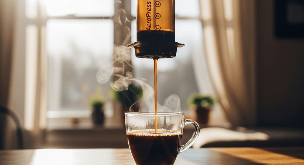 AeroPress Kaffeemaschine in Aktion, brüht Kaffee in eine Glastasse, Dampf steigt auf, weiches Fensterlicht
