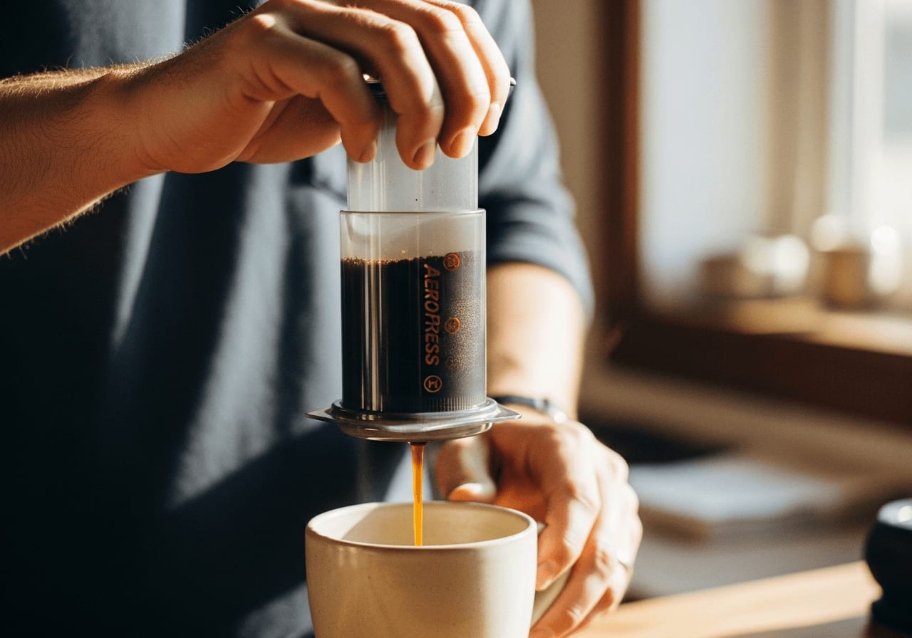 Mann benutzt AeroPress, um Kaffee in eine Tasse zu brühen, Fokus auf die Pressbewegung, warmes Licht