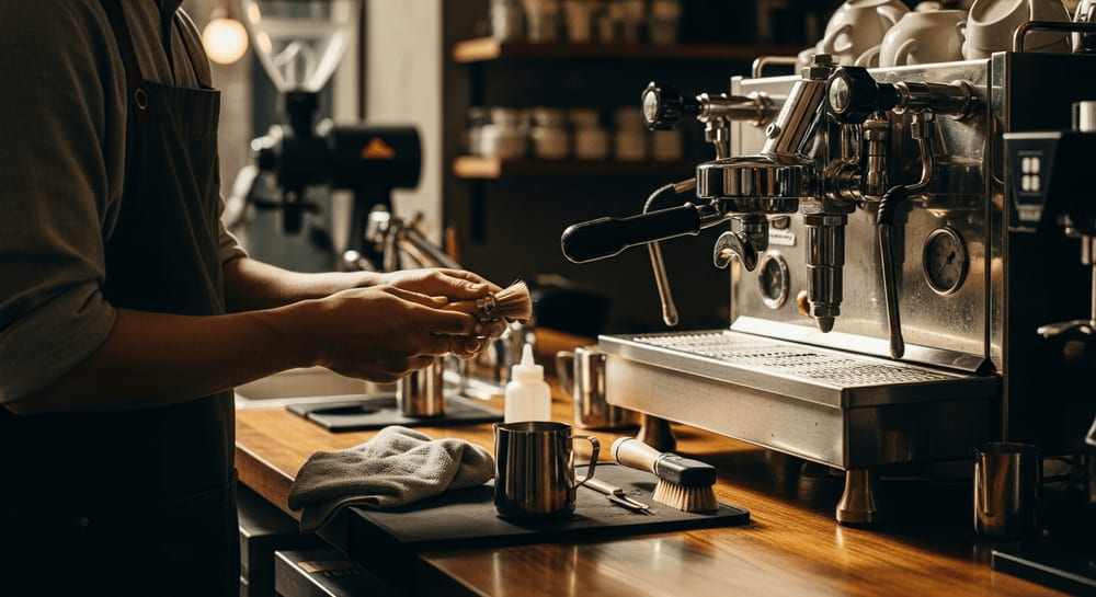 Barista reinigt eine Espressomaschine mit verschiedenen Reinigungswerkzeugen, professionelle Café-Umgebung, weiche Beleuchtung.