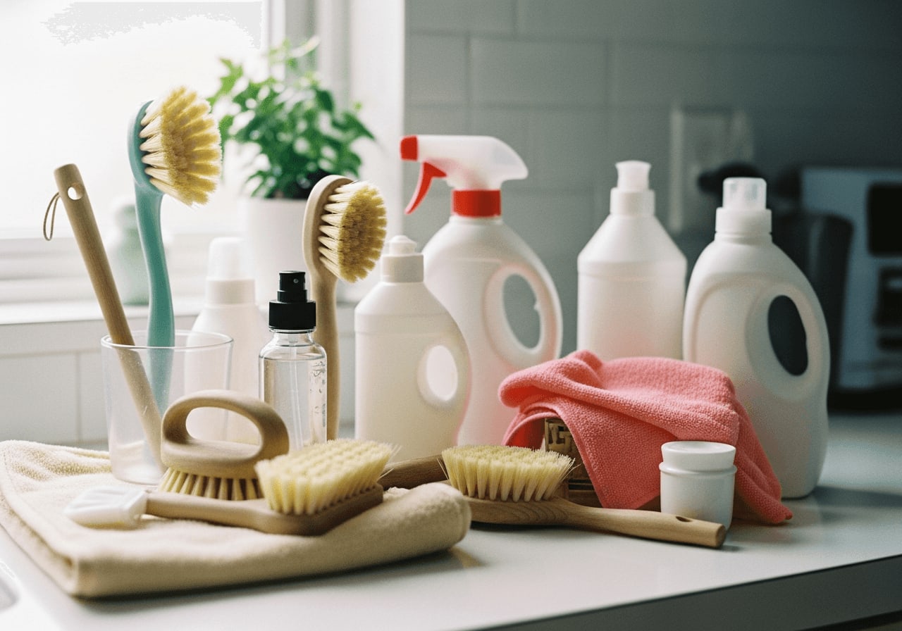 Eine Auswahl an Reinigungswerkzeugen und Reinigungsmitteln, die auf einer Arbeitsfläche angeordnet sind, darunter Bürsten, Tücher und Flaschen, in einer gut beleuchteten Küchenumgebung