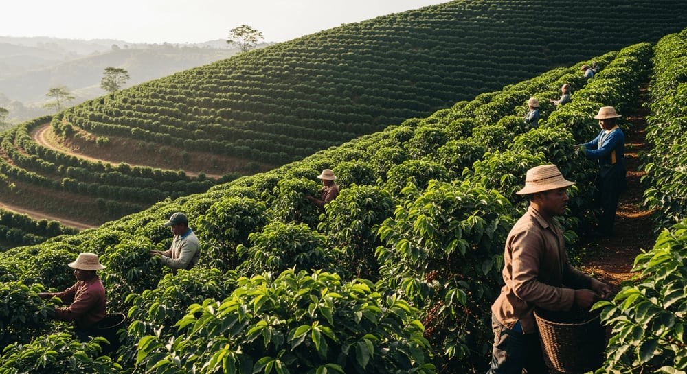 Luftaufnahme einer üppig grünen Kaffeeplantage an einem Hang, Arbeiter ernten Kaffeekirschen, lebendige Farben, Konzept der nachhaltigen Landwirtschaft, Morgenlicht