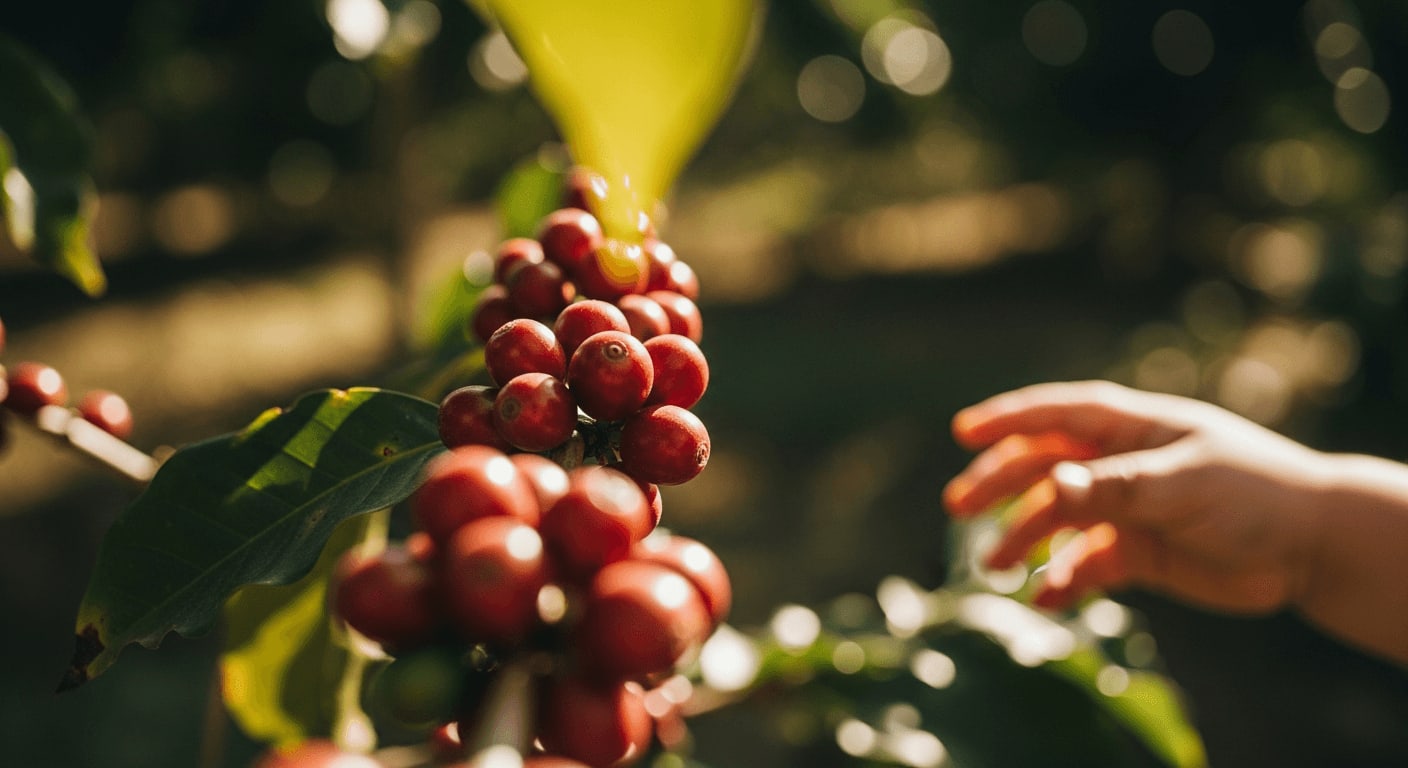 Nahaufnahme von Kaffeekirschen, die an einem Zweig wachsen, mit einer kleinen Hand, die nach einer greift, verschwommener Hintergrund einer Kaffeeplantage, warmes Sonnenlicht, das durch die Blätter filtert, Fokus auf den leuchtend roten Kirschen
