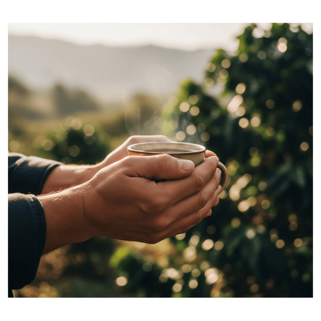 Hände halten eine Tasse Fairtrade-Kaffee, Kaffeefarm im Hintergrund, Morgenlicht, Fokus auf die Tasse und die Hände