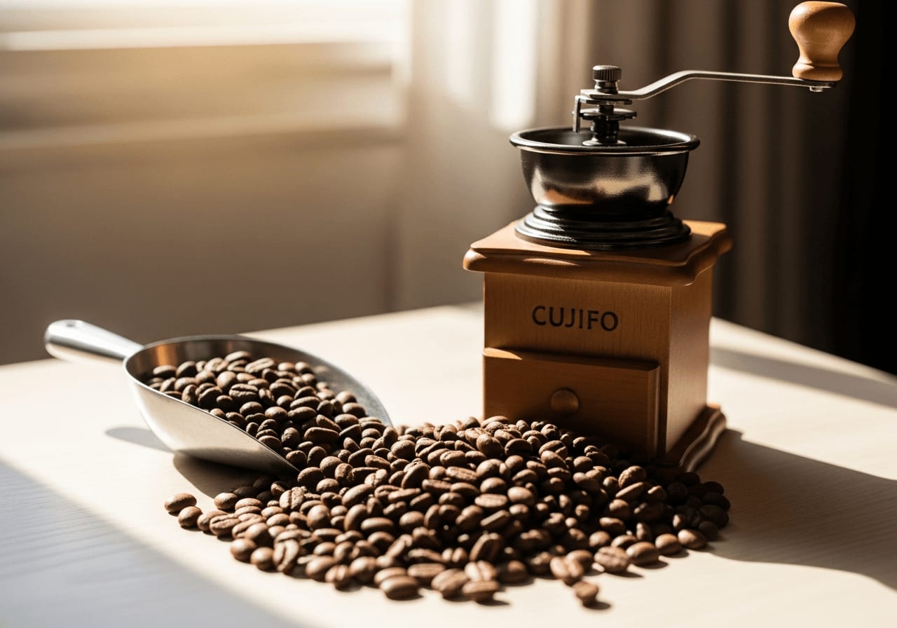 Geröstete Kaffeebohnen neben einer manuellen Kaffeemühle, Schaufel mit Kaffeebohnen, natürliches Licht