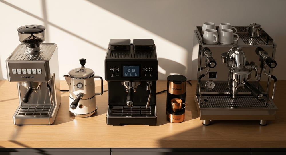 Übersichtaufnahme verschiedener Sage Barista Maschinen auf einer Küchentheke, die verschiedene Modelle und ihre Funktionen zeigt, Morgenlicht