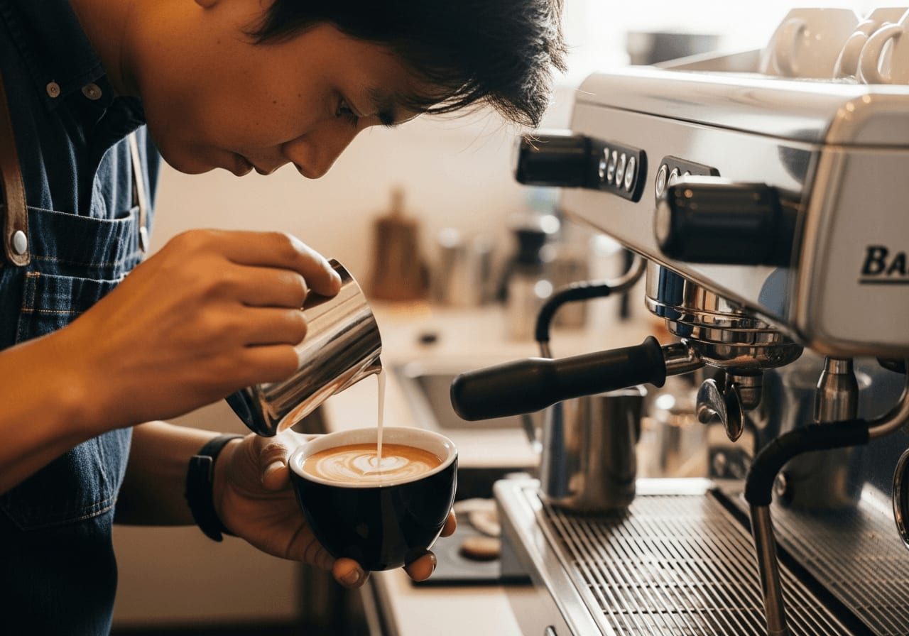Ein Barista gießt fachmännisch aufgeschäumte Milch in eine Espressotasse und kreiert Latte Art, mit einer Sage Barista Maschine im Hintergrund, professionelles Umfeld