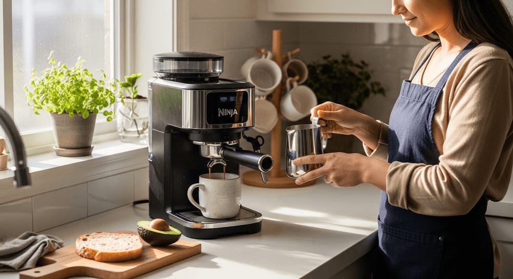 Totale einer Person, die mit der Ninja Luxe Cafe einen Cappuccino zubereitet, warme KÃ¼chenumgebung, natÃ¼rliches Licht