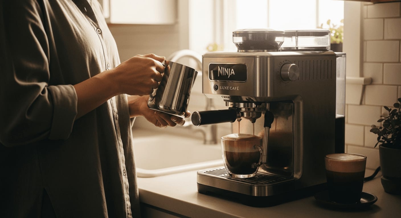 Totale einer Person, die mit der Ninja Luxe Cafe einen Cappuccino zubereitet, warme KÃ¼chenumgebung, natÃ¼rliches Licht