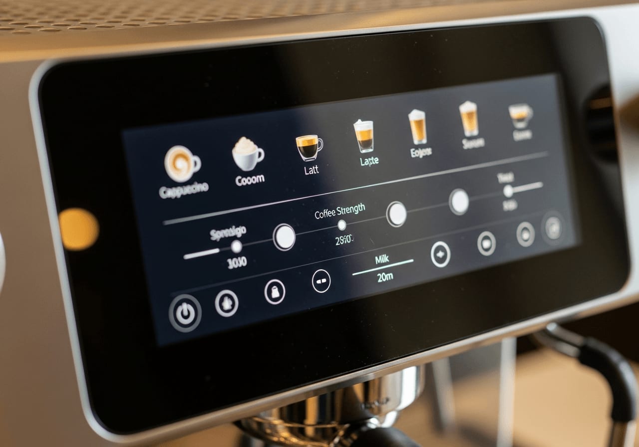 Nahaufnahme des Bedienfelds der Ninja Luxe Cafe, das verschiedene GetrÃ¤nkeoptionen und Einstellungen zeigt