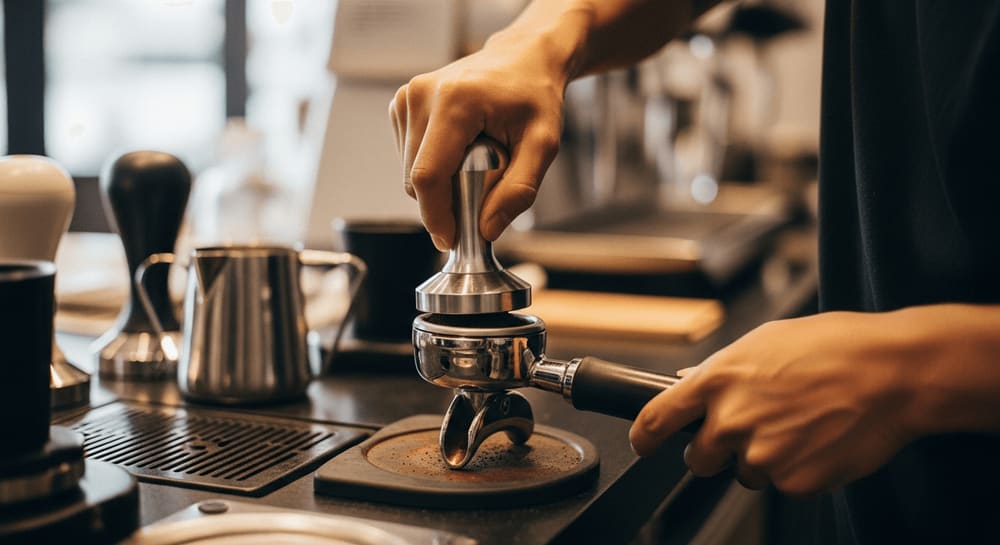 Barista presst mit einem Tamper Kaffeepulver in einem Siebträger, Kaffeebohnen und Werkzeuge im Hintergrund